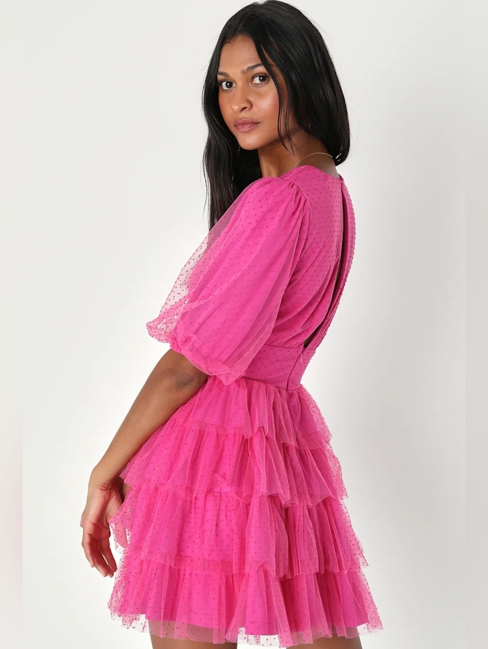 Lulus Dramatic Poise Hot Pink Dot Tulle Puff Sleeve Tiered Mini Dress SZ Large - Picture 4 of 8